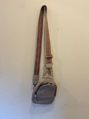 Anthropologie Taupe Crossbody Sling with Patterned Strap